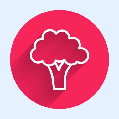 Beyaz çizgi Brokoli simgesi uzun gölge arkaplan izole. Kırmızı daire düğmesi. Vektör.