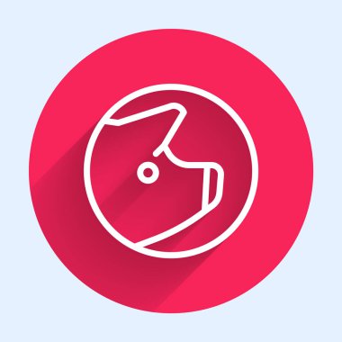 Beyaz çizgi domuz simgesi uzun gölge arkaplanı ile izole edildi. Hayvan sembolü. Kırmızı daire düğmesi. Vektör.