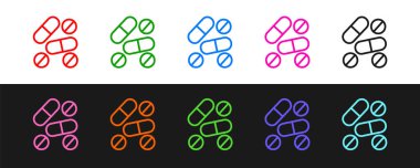 Siyah ve beyaz arkaplanda izole edilmiş tıp hapı veya tablet simgesi ayarla. Kapsül hapı ve uyuşturucu işareti. Eczane tasarımı. Vektör.