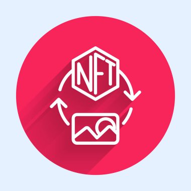 Beyaz çizgi NFT Dijital Şifreleme Sanatı simgesi uzun gölge arkaplanı ile izole edildi. Para iadesi olmayan jeton. Kırmızı daire düğmesi. Vektör.