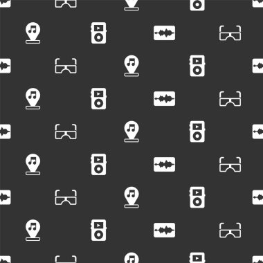 Müzik dalga dengeleyicisini, gözlüğü, notayı, tonu ve çalgıcıyı pürüzsüz şekilde ayarla. Vektör.