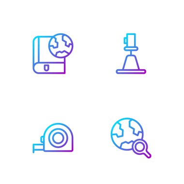 Yeryüzü ruleti, kitap ve Tacheometre teodoliti içeren çizgi büyüteç. Renk simgeleri. Vektör.