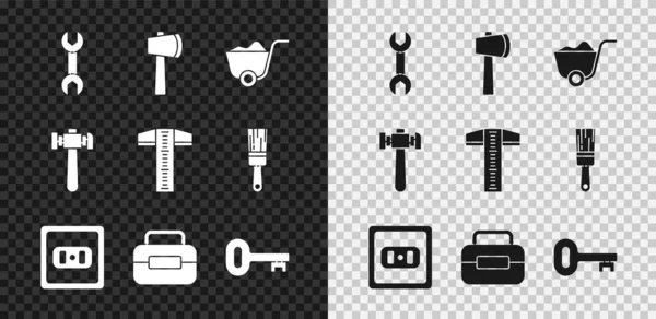 Set Wrench Csavarkulcs Fejsze Lapát Elektromos Kimenet Toolbox Régi Kulcs — Stock Vector