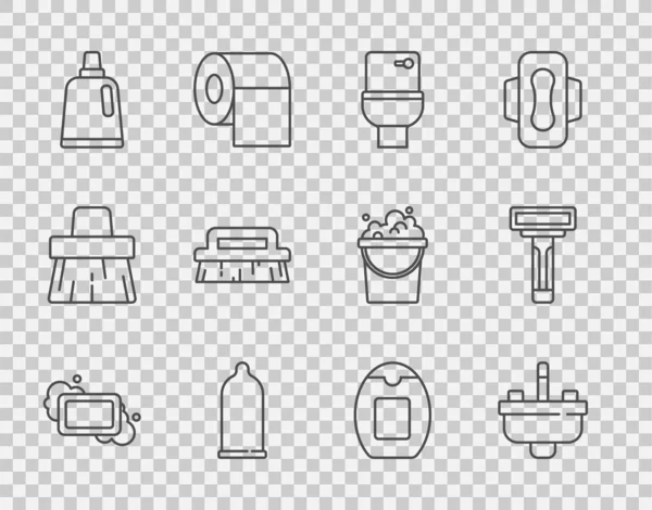 Temizlik malzemesi fırça şampuanı ve tıraş jileti ikonu için lavabo temizleme kabı ve klozet kapağı kondom şişesiyle sabun kalıbını hazırla. Vektör.