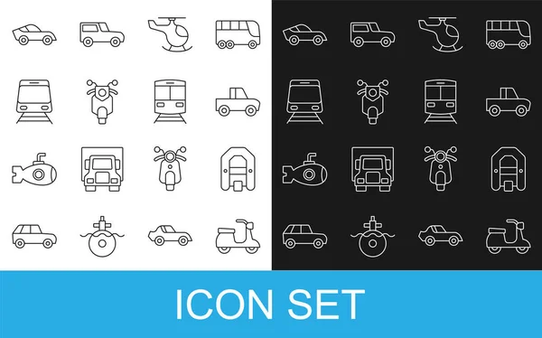 Set Line Scooter Rafting Boat Camioneta Helicóptero Tren Ferrocarril Coche — Vector de stock