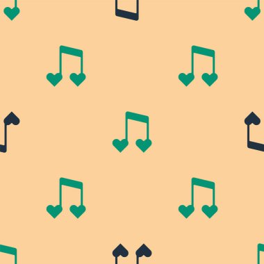 Yeşil ve siyah müzik notası, kalpleri simgeleyen ton bej arka planda kusursuz desen. Sevgililer günün kutlu olsun. Vektör