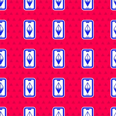Mavi kripto para birimi Ethereum ETH simgesi kırmızı arkaplanda izole edilmiş kusursuz desen. Altcoin sembolü. Engelleme zinciri tabanlı şifreli para birimi. Vektör