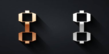 Siyah arkaplanda altın ve gümüş renkli Dumbbell simgesi var. Kas kaldırma, fitness halteri, spor malzemeleri. Uzun gölge tarzı. Vektör