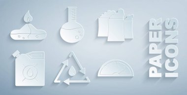 Geri dönüşümlü yağ damlası, endüstriyel fabrika binası, motor yağı tenekesi, hız göstergesi, benzin test tüpü ve alkol ruh yakma ikonu. Vektör