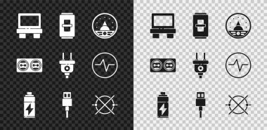 Fünye, elektrik düğmesi, ampere ölçer, multimetre, voltmetre, pil, USB kablo kablosu, devre şeması, elektrik prizi ve fiş simgesi ayarla. Vektör