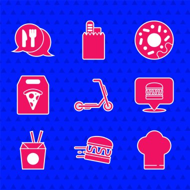 Scooter teslimatı, online sipariş burger, Şef şapkası, Asya eriştesi ve yemek çubuğu pizza, Donut ve Kafe restoranının ikonu. Vektör