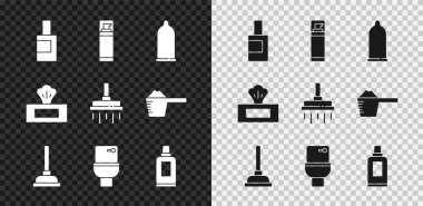 Temizlik malzemesi için şişe, tıraş jeli köpüğü, prezervatif, lastik pompa, klozet, ıslak mendil ve duş başlığı ikonu. Vektör