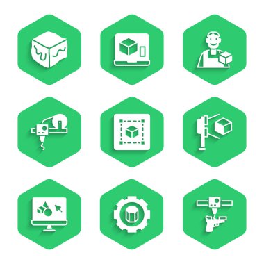 Geometrik şekil küpünü, 3D yazıcı ayarını, silahını, tarayıcıyı küp, yazılım, grafik tasarımcısı ve Isometric simgesini ayarla. Vektör