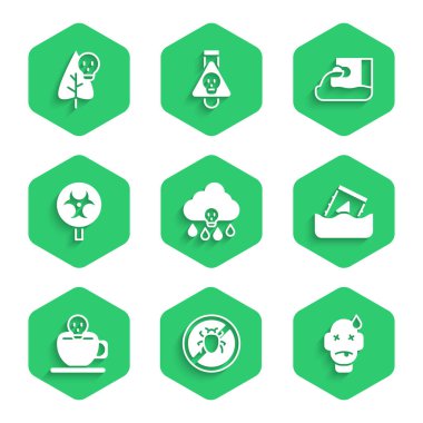 Asit yağmurunu durdur, Colorado böceğini durdur, insan zehirlenmesini durdur, radyoaktif atık varili, kafataslı kahve fincanı, biyolojik tehlike sembolü, Atık Su ve Zehirli çiçek ikonu. Vektör