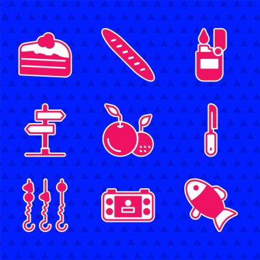 Set Fruit, taşınabilir video oyun konsolu, Fish, Knife, ızgara şiş kebap şiş, trafik levhası, Lighter and Piece of cake ikonu. Vektör