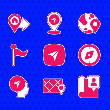 Şehir haritası navigasyonunu, GPS aygıtını, katlanmış konum işaretleyicisi, pusula, harita insanı, bayrak, dünya ve ev simgesini ayarla. Vektör