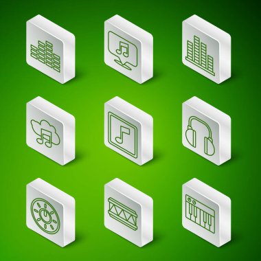 Satır Müzik Sentezleyicisi, Davul, eşitleyici, nota, ton, yayın servisi, müzikal konuşma balonu, çevirme teknolojisi ayarları ve kulaklık simgesi ayarla. Vektör