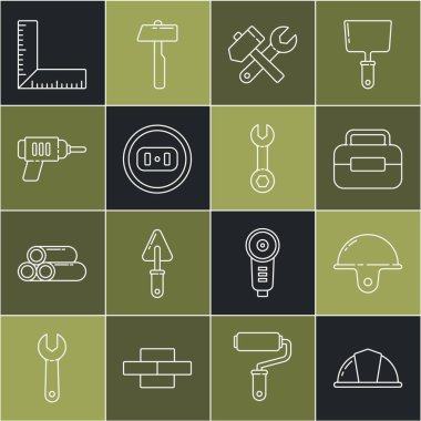 Hat çizgisi güvenlik kaskı, alet çantası, çekiç ve anahtar anahtarı, elektrik prizi, matkap makinesi, köşe cetvel ve anahtar simgesi. Vektör