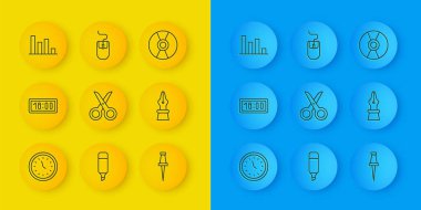 Satır Saat, Dijital Alarm Saati, Makas, Pin, Çeşme kalem ucu, Pie grafik bilgisi, CD DVD diski ve Bilgisayar faresi simgesini ayarla. Vektör