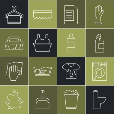 Hat, klozet, çamaşır makinesi, temizlik malzemesi şişesi, çamaşır deterjanı, gömlekli leğen, fırça, havlu askı ve ikon. Vektör