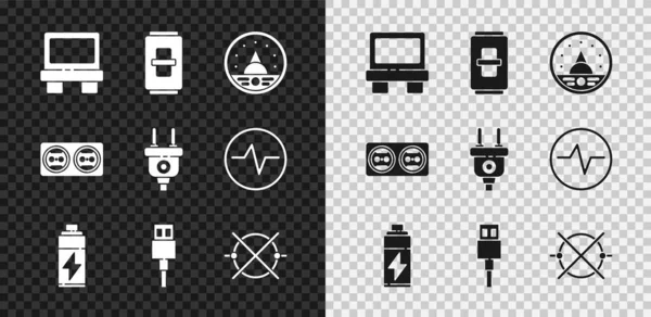 Set Fuse, Electric light switch, Ampere meter, multimeter, voltmeter, Battery, USB cable cord, circuit scheme, Electrical outlet and plug icon. Vector