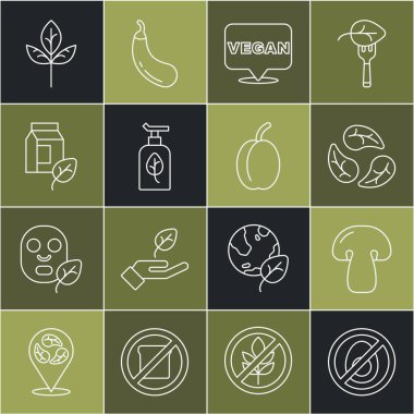 Et yok, mantar yok, yaprak yok, vejetaryen gıda diyeti, organik kozmetik, süt ve erik meyvesi ikonu. Vektör
