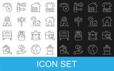 Çöp tenekesi, iş araması, evsizler için barınak, dolar dolu ev, yardım mesajı, turist çadırı, bağış yemeği ve soru işareti simgesi. Vektör