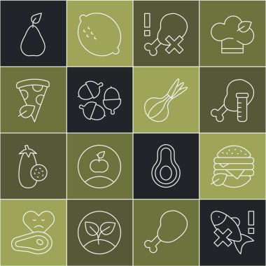 Balık yok, vegan besin diyeti, genetiği değiştirilmiş tavuk, bacak, meşe palamudu, pizza dilimi, armut ve soğan ikonu. Vektör