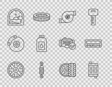 Araba için tekerlek ayırın, araba radyatörü soğutma sistemi, otomotiv turbo şarj aleti, şok emici, motor göstergesi, teneke motor yağı, lastik ve ses simgesi. Vektör
