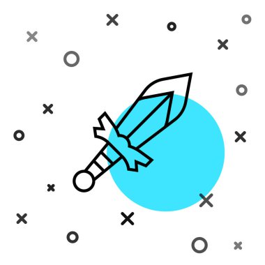 Siyah çizgi Ortaçağ kılıç ikonu beyaz arka planda izole edilmiş. Ortaçağ silahı. Rastgele dinamik şekiller. Vektör.