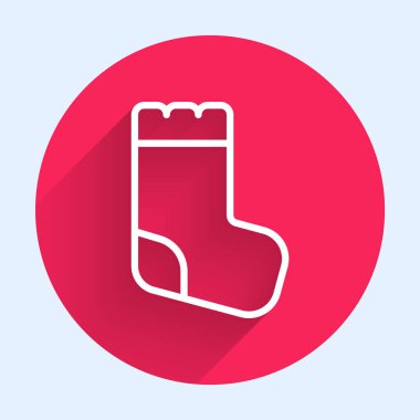 Beyaz çizgi bebek çorabı giysisi ikonu uzun gölge arkaplan izole. Kırmızı daire düğmesi. Vektör