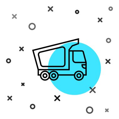 Siyah çizgi kargo kamyonu ikonu beyaz arka planda izole edildi. Rastgele dinamik şekiller. Vektör