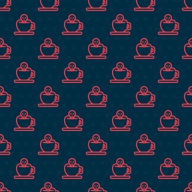 Kafatası ikonlu kırmızı çizgi kahve fincanı siyah arka planda izole edilmiş. Vektör