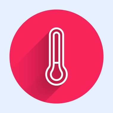 Beyaz çizgi Meteoroloji termometresi uzun gölge arkaplanlı izole edilmiş ikonu ölçüyor. Termometre termometresi sıcak ya da soğuk hava gösteriyor. Kırmızı daire düğmesi. Vektör