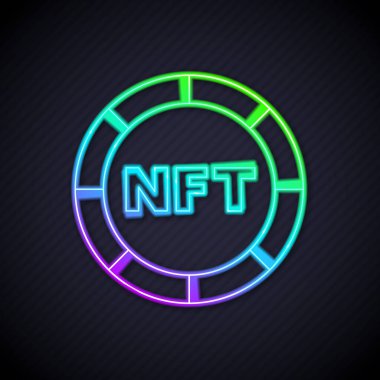 Parlayan neon hattı NFT dijital şifreleme resim simgesi siyah arkaplanda izole edildi. Para iadesi olmayan jeton. Vektör