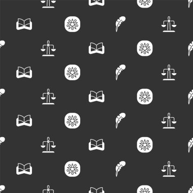 Tüy kalemi, Terazi burcu, Kadim büyü kitabı ve pentagramı kusursuz desen üzerinde daire içine al. Vektör