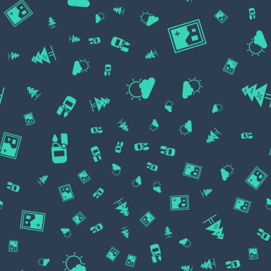 Güneş ve bulut hava durumu katlanmış harita Açık ve Ağaç 'ı pürüzsüz desene ayarlayın. Vektör.