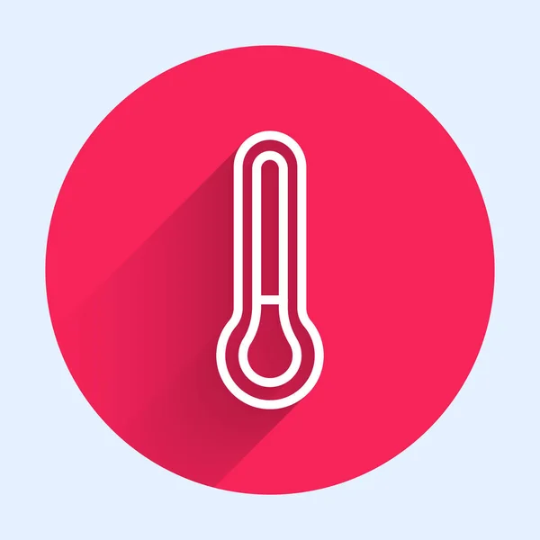 白い線長い影の背景で隔離された気象温度計のアイコン 高温または低温を示す温度計機器 赤い丸ボタン ベクトル — ストックベクタ