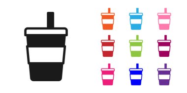 Siyah kağıt bardak ve beyaz arka planda izole edilmiş saman ve su ikonu. Soda bardağı. Taze soğuk içecek sembolü. Simgeleri renklendirin. Vektör