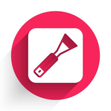 Beyaz boya fırça simgesi uzun gölge arkaplan izole. Kazılar sırasında sanatçılar, arkeologlar ve temizlik için. Kırmızı daire düğmesi. Vektör