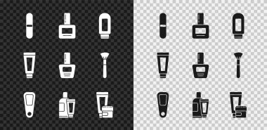 Tırnak törpüsü, cilalama şişesi, krem ya da losyon kozmetik tüpü, el aynası ve ikon. Vektör