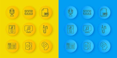 Satır sentezleyiciyi, çalgıcıyı, konuşma balonunda müzikal notayı, düğmeli insanları, ses krikosunu, mikrofonu, MP3 dosya belgesini ve davul simgesini ayarla. Vektör