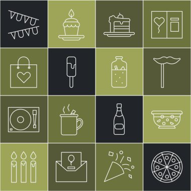 Pizza, kasede karışık punç, çubukta kağıt bıyık, kek, dondurma, kalpli alışveriş torbası, karnaval çelengi bayrakları ve sıcak şarap ikonu. Vektör