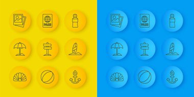 Deniz taraklı deniz kabuğu, plaj için güneş koruyucu şemsiyesi, trafik levhası, dayanak noktası, sörf tahtası, fotoğraf, bir şişe su ve pasaport ikonu. Vektör