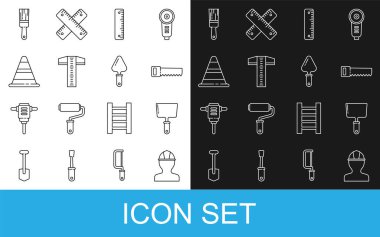 Hat çizgisi güvenlik kaskı, macun bıçağı, el testeresi, cetvel, T-kare hattı, trafik konisi, boya fırçası ve mala simgesi. Vektör