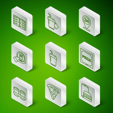 İnternetten sipariş ve teslimat et, pizza dilimi, restoran kafe menüsü, paket kahve fincanı ve pizza kutusu ikonu. Vektör