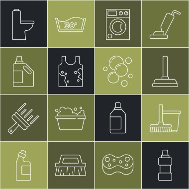 Temizlik malzemesi, paspas ve kova, lastik pompa, çamaşır makinesi, kirli tişört, tuvalet kasesi ve sabun köpüğü ikonu için bir çizgi hazırla. Vektör