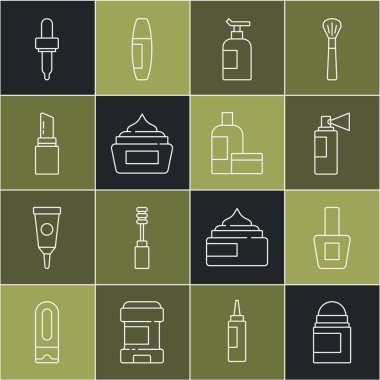 Terleme önleyici deodorant rulo, tırnak cilası şişesi, parfüm, krem losyon kozmetik tüp, ruj, Pipette ve ikon. Vektör