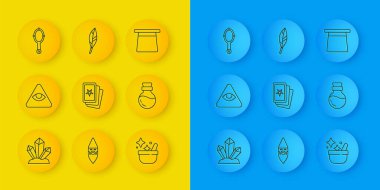 Sihirli taş, mason, üç tarot kartı, cadı kazanı, iksirli şişe, el aynası, şapka ve tüy ikonu. Vektör