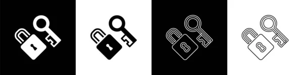 Nastavit Zámek Ikonou Klíče Izolované Černobílém Pozadí Symbol Lásky Znak — Stockový vektor